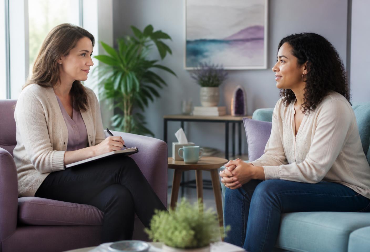 A white therapist listening attentively while speaking with a mixed-race woman in a welcoming counseling room.